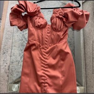 House of CB, Annabelle Rose Satin, ruffle and off the shoulder corset dress